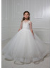 Dotted Tulle Lace Keyhole Back Ivory Flower Girl Dress